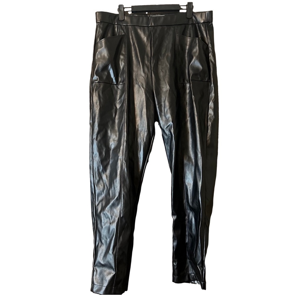 Halston Pull On Pants Women Solid Black Vegan Faux Leather Seamed Pockets Sz XL